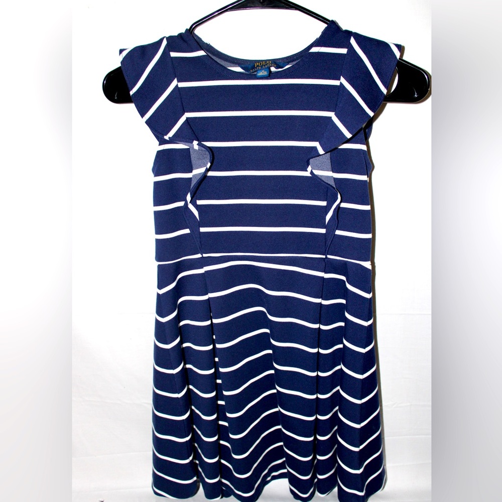 Girls Polo Ralph Lauren Size M (8/10)  Striped Ruffled Dress Blue White